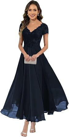 Lace Applique Mother of Bride Dresses Tea Length Formal Cocktail Dress for Women Wedding Guest Chiffon Evening Gown