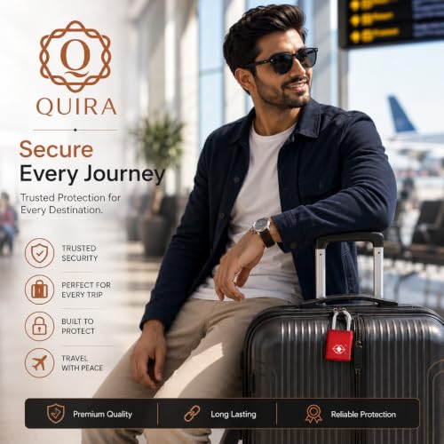 Image of QUIRA TSA Approved Travel Padlock with Key, Luggage Lock for Suitcase, Backpack, Locker & Travel Bags, Heavy Duty Security Lock (Red)