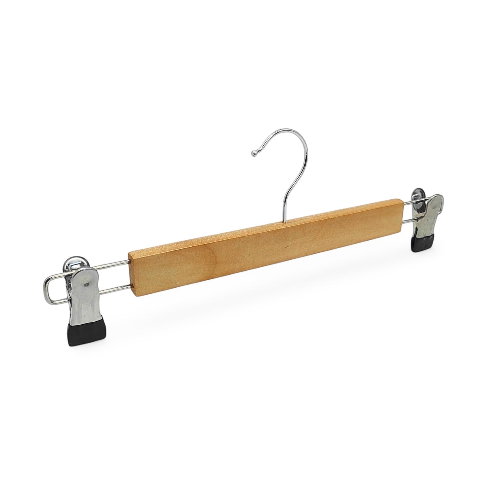 50x Wooden Trouser & Skirt Hangers 33.5cm Natural Finish with Adjustable Chrome Clips | Compact Solid Wood Clip Hangers with 360° Swivel Hook | Space Saving Hangers for Kids’ Clothes & Accessories