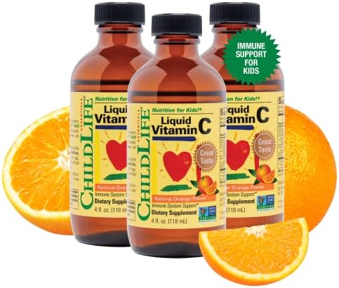 CHILDLIFE ESSENTIALS Liquid Vitamin C - Immune Support, Vitamin C Liquid, All-Natural, Gluten-Free, Allergen Free, Non-GMO, High in Antioxidants - Orange Flavor, 4 Ounce Bottle (Pack of 3)