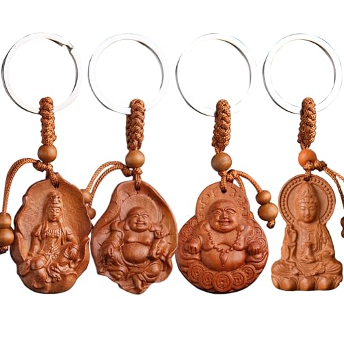 MINGZE 4 Piezas Buda de Madera Llavero, Pequeño Suerte Buda Figures Sculpture Meditación Accesorios para Llaves de Coche DIY Regalo de Amuleto de la Suerte-B