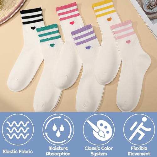 Image of Jspupifip Heart Socks 6 Pairs Crew Athletic Cotton Women Striped Socks with Retro Stripes Hearts