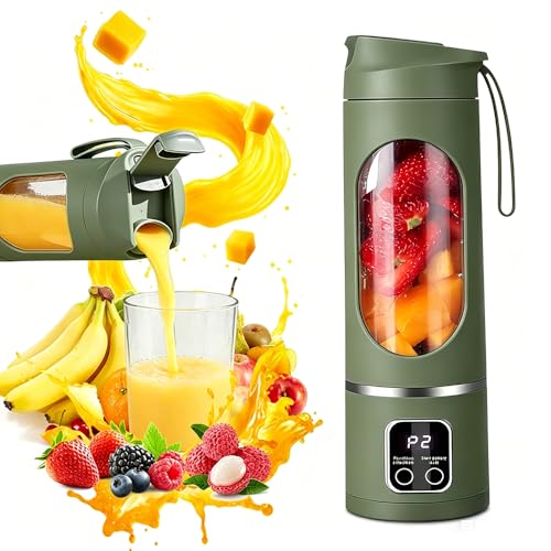 Batidora de Vaso Portatil, 450ML Blender Smoothie Maker, Batidora Portatil con 12 Cuchillas Pantalla LED, 1500mAh Licuadora Recargable por USB, Licuadora portatil para Cocina Viajes (Verde militar)