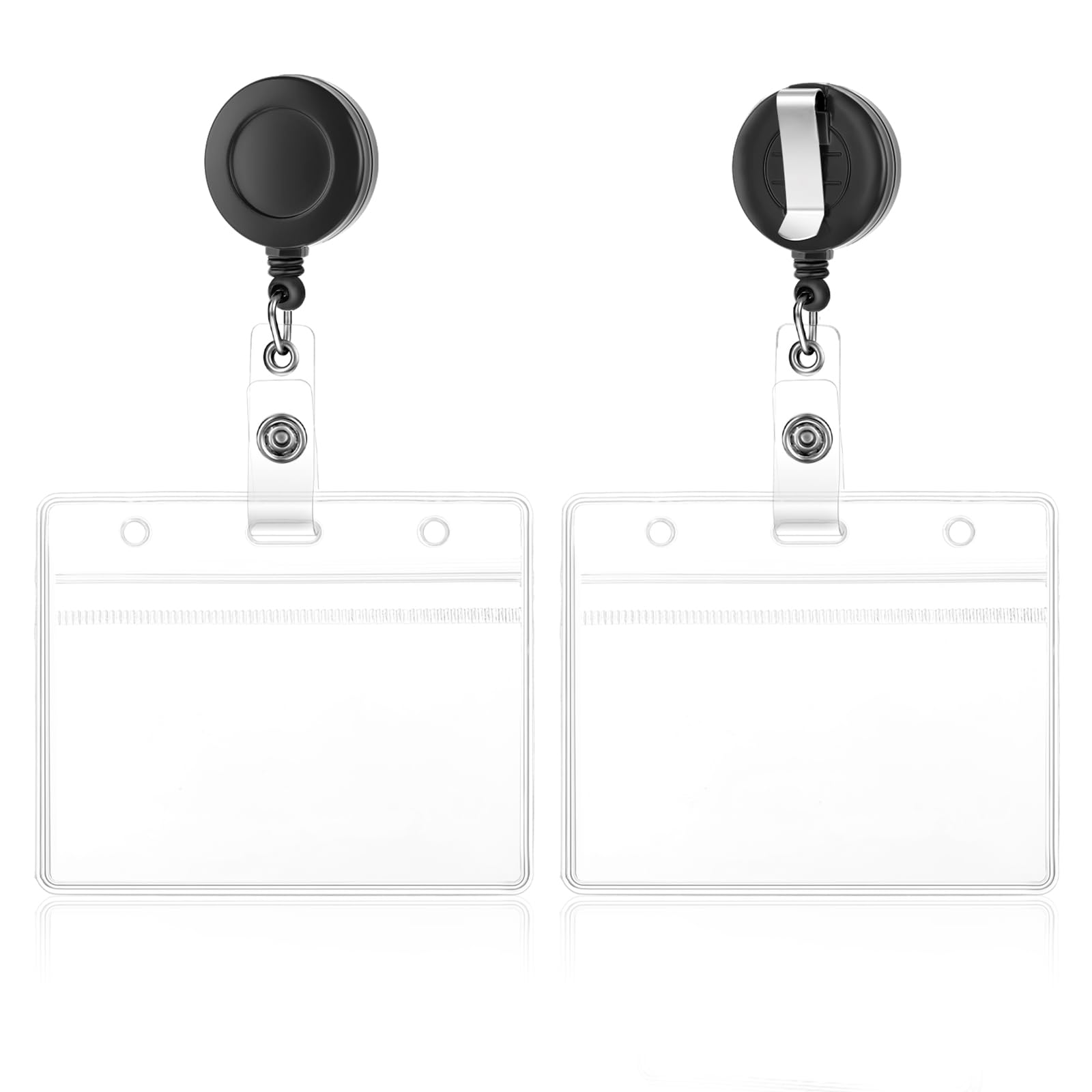 Photo 1 of 2 Pack Clear Plastic Horizontal Name Tag Badge ID Card Holders Clear ID Card Holders Soft Plastic Badge Holders Retractable Badge Holders with Heavy Duty Badge Reels for Nurse Doctor Teacher Office