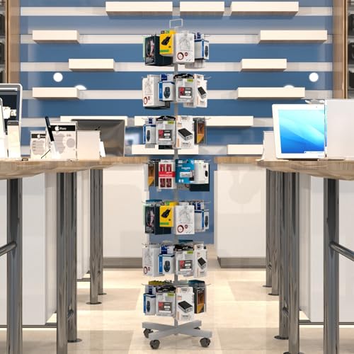 Image of Retail Display Racks 7 Tier Spinning Display Stand, Movable Shop Spinner Rack with Hooks, Retail Display Stand for Jewelry Keyring Hats Socks Toys (White)
