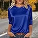 Spring Tops for Women 3/4 Sleeve Shirts Round Neck Loose Casual Blouses Solid Color Satin Silk Tshirts Spring Summer Outfits Blue