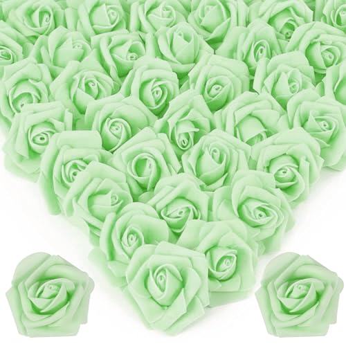 Image of 100Pcs Realistic Light Green Artificial Rose Flower Heads, Fake Light Green Foam Roses for DIY Wedding Decorations Baby Shower Centerpieces Home Party Valentine's Day Mother's Day Decor