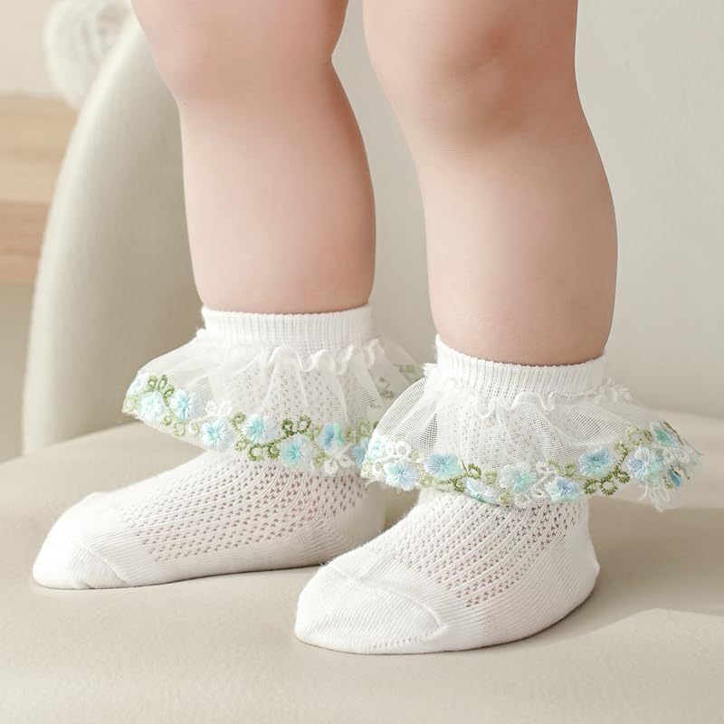 Baby Girl Lace Ankle Socks,Delicate Ruffle & Frilly Flower Trim,Soft Breathable Cotton Socks for Infants oddlers.(WZ17)