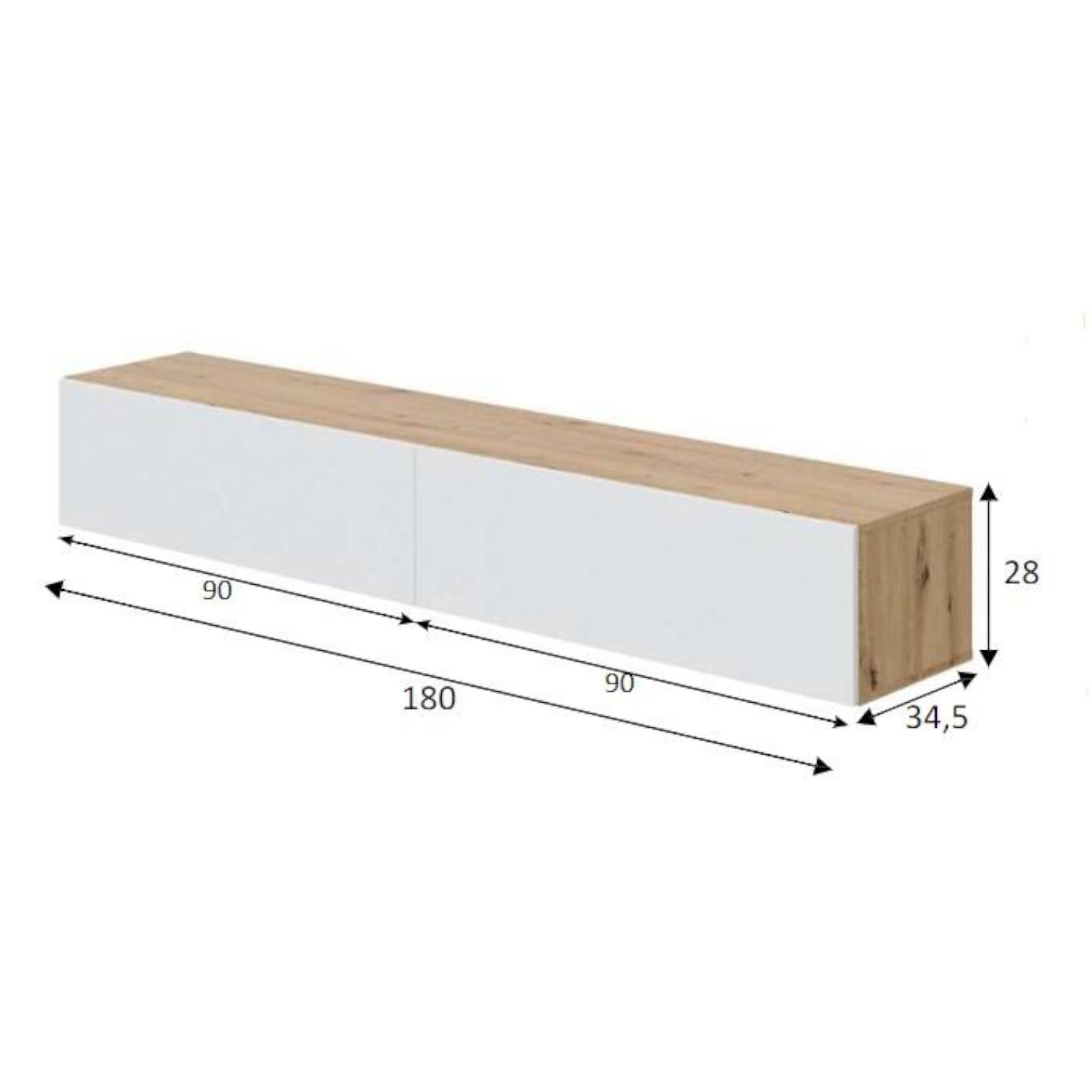 Dmora - Mobile porta TV Vincennes, Porta TV a 2 ante, Mobile sospeso soggiorno, 180x35h28 cm, Rovere Nodi e Bianco