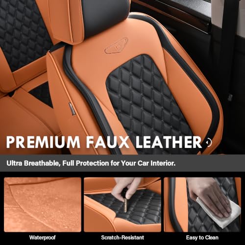 Image of Coverado Universal Car Seat Covers Full Set, Vintage-Style Soft Waterproof Faux Leather Front & Rear Seat Protectors, Comfortable Anti-Stain Interior for Most Vehicles - BrownBlack