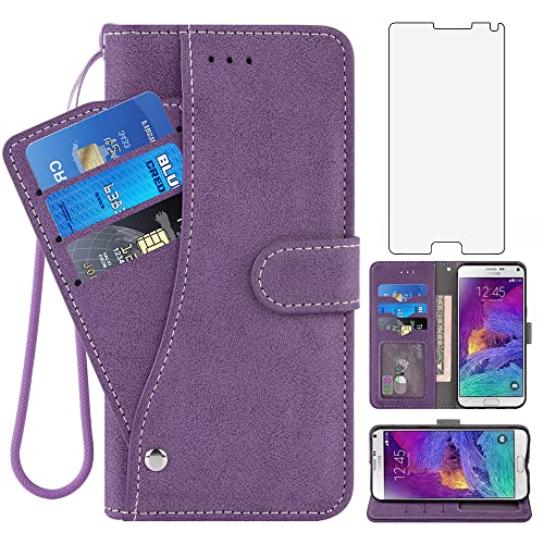 Asuwish Compatible with Samsung Galaxy Note 4 Wallet Case and Tempered Glass Screen Protector Flip Credit Card Holder Cell Accessories Phone Cover for Glaxay Note4 Gaxaly N910A Not Notes Four Purple