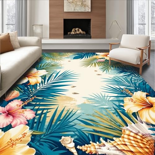 ODIKA Flatwoven High Traffic Area Rug 4x6, Island Escape Tropical Flora and Shells in Vibrant Colors, Non Slip, Stain Resistant, Washable Area Rugs for Living Room, Bedroom (Yellow, 4x6)