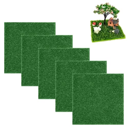 OUDQFCJ 5 Pezzi Erba Sintetica per Mini Giardino, Creazioni Artigianali, Decorazioni, Mini Prato, Piccolo, Fai da Te, Decorazione Mini Giardino (15x15cm)