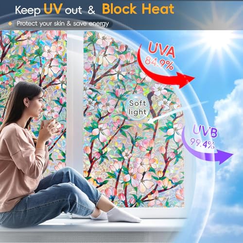 Rainbow Window Privacy Film Decorative Window Sticker, 3D Static Stained Glass Cling Tint for Home Heat Control Non-Adhesive, 35.4 x 78.7 inches