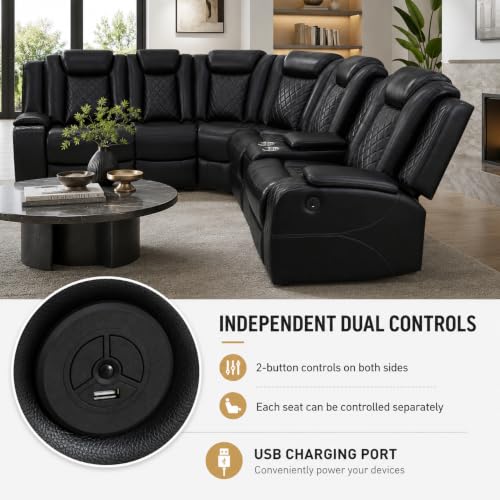 Image of Power Reclining Sectional Couch for Living Room, Black Leather Sectional Sofa Set with Recliner, LED Lights, Storage Console, Cup Holders, USB Ports, Home Theater Seating for Family Room