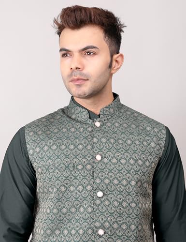 Image of Men's Cotton Silk Blend Regular Kurta Pyjama, Embroidered Nehru Jacket /Waistcoat Set