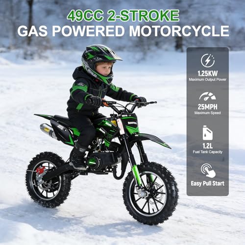 Image of Kids Dirt Bike, 50cc / Gas Powered Dirt Bike for Kids 8-14, 2-Stroke Mini Dirt Bike, Pull Start Motorcycle, 10-Inch Off Road Tires, Disc Brakes, 25 MPH, 330 lb Max Load