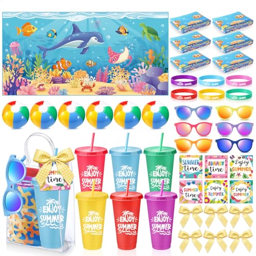 Honeydak 6 Set Pool Party Favors End of Year Gift for Beach Party Favors Summer Straw Tumbler Beach Towel Sunglasses Bag for Pool Undersea Birthday Decor Summer Graduation Student Appreciation