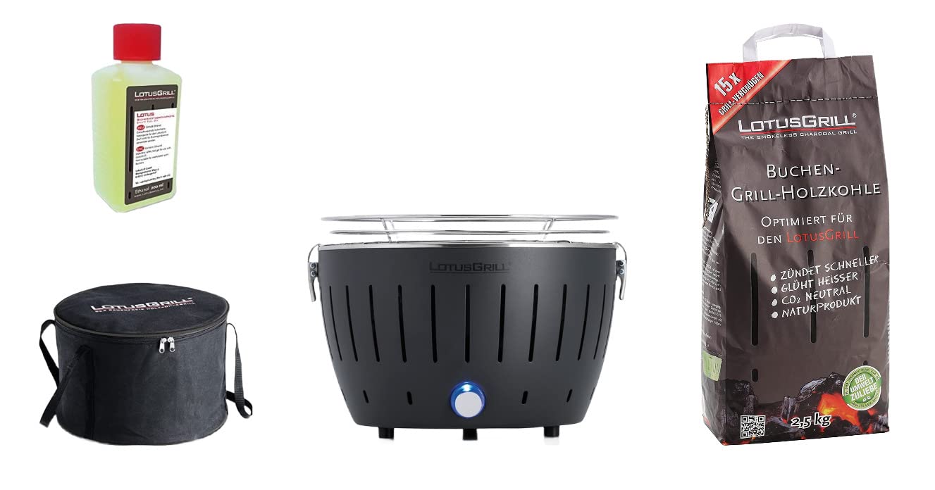 LotusGrill S Nero Starter-Set, 1 griglia, 1 carbone di faggio da 2,5 kg, 1 pasta combustibile da 200 ml, 1 borsa per il trasporto (Black)
