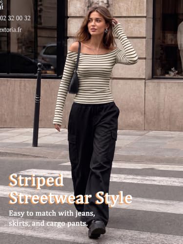 Image of Women Off Shoulder Striped Long Sleeve Top 2026 Fall Going Out Tee Shirts