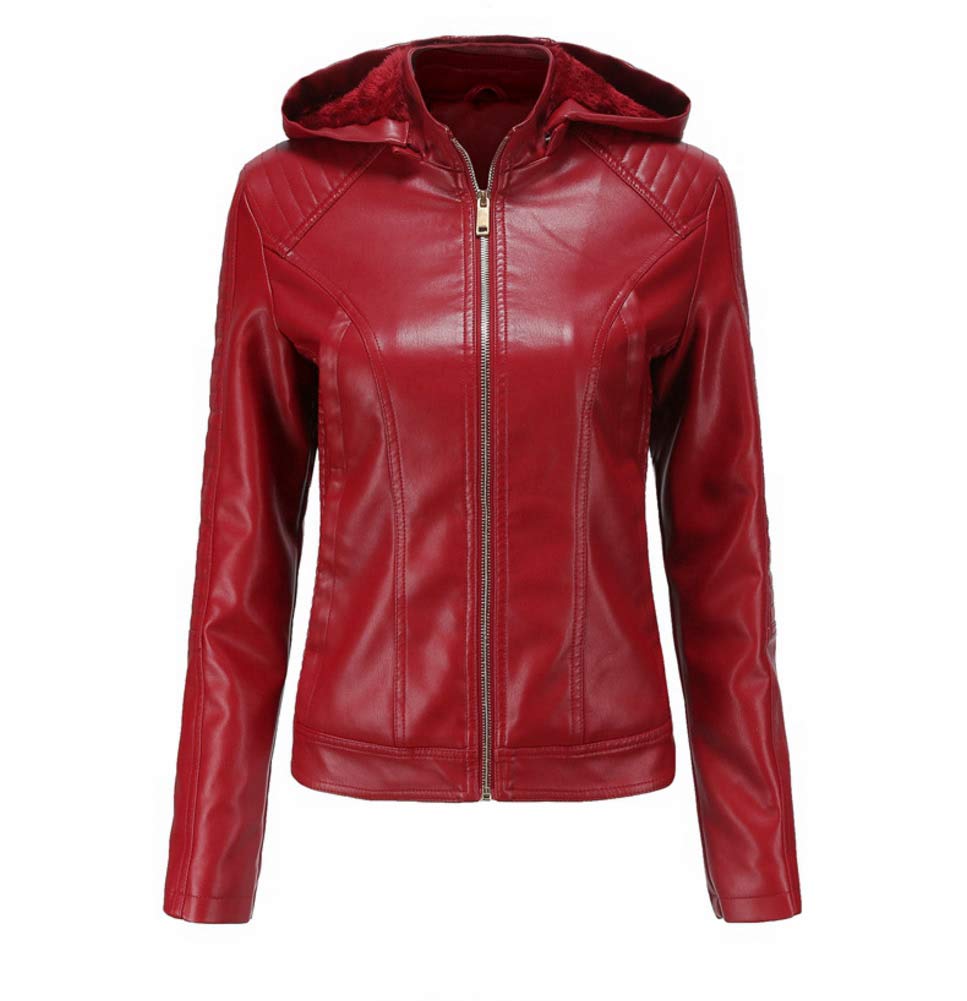 E-Girl Veste Blouson décontractée Simili Cuir Synthétique Court Femme Blouson À capuche Coupe Ajustée fermeture éclair Automne et hiver,P6677 | Doublure polaire, épaules matelassées, poignets zippés, poches latérales. Veste hiver, blouson capuche