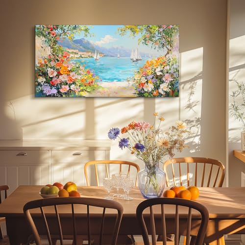 crmotu Coastal Wall Art, Flower Pictures Wall Decor, Large Landscape Wall Art, Ocean Sailboat Artwork for Walls, Seaside Canvas Painting for Living Room Bedroom Modern Office Art Prints 24x48inch