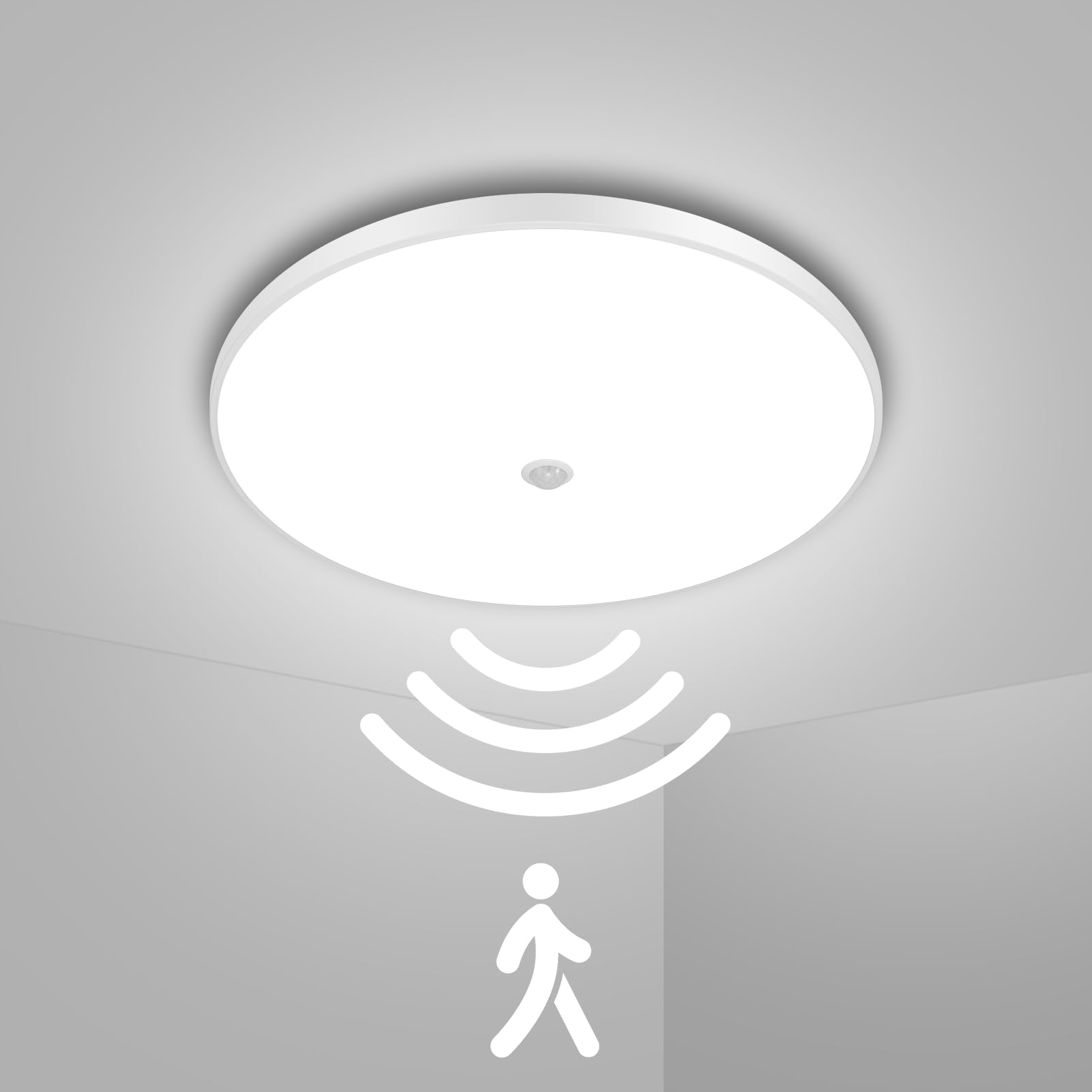 Litglobe 18W LED Ceiling Light Motion Sensor,6500K Daylight Motion Sensor Lights Indoor,1800LM Round Bathroom Ceiling Light,Ø22cm Pir Lights for Stair Hallway Porch Garage