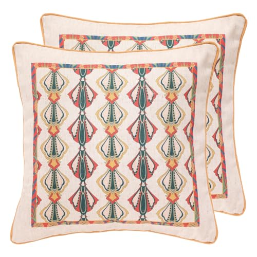 patdrea Designer Square Throw Pillow Covers Set of 2Red Yellow and Green Rustic Linen with Lines Shell Pattern Pillows CoverDecorative Pillowcases Cushion for Bed Living Room Outdoor Car18x18