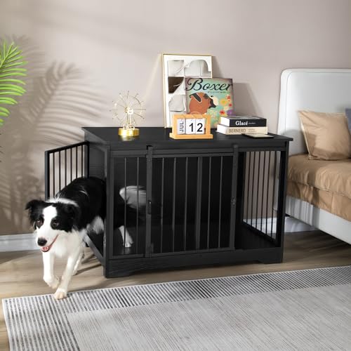 Hzuaneri Hundekäfig Möbel, 100cm hundebox für zuhause, Schiebetüren, 2 Tür, Moderne hundebox Holz Indoor für kleine/mittlere/große Hunde, Hundekäfig für Zuhause, 100 x 60 x 68 cm, Schwarz DFC02304B