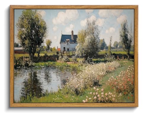 Image of KISSFOX Vintage Framed Wall Art Decor Countryside Landscape Pictures Wall Decor Rustic River Cottage Canvas Art Prints Modern Farmhouse Impressionist Paintings Artwork For Bedroom Living Room