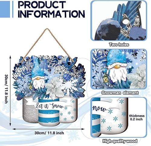 Image of ANGEL INFINITE inchLet It Snow inch Wooden Wall Hanging Decor | Blue Winter Gnomes & Snowflake Decorative Sign | Rustic Christmas Holiday Plaque for Home, Living Room & Entrance (30x30 cm)