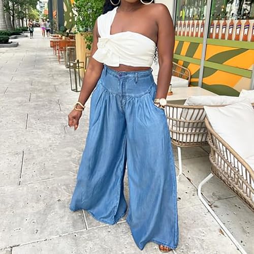 cffvdiz Women's Casual Baggy Bell Bottom Jeans High Waist Washed Distressed Wide Leg Denim Pants4