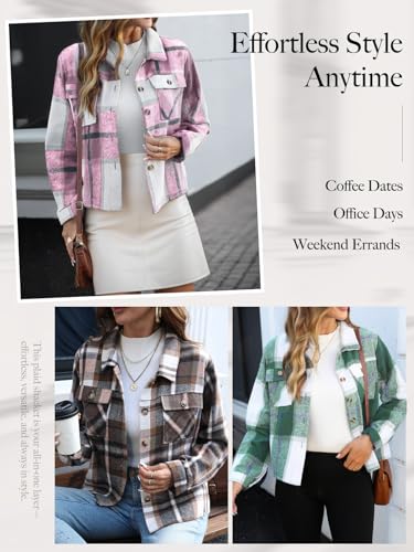 HWOKEFEIYU Fall Flannels for Women Cropped Shacket Jacket Plaid Long Sleeve Button Down Shirt 2025 Coat Tops3