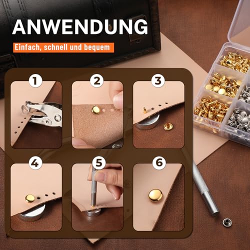 Reovin Leder Nieten Set, 240 Set 3 Größen Doppelkappennieten Mit Leder Lochzange Installationswerkzeuge, 4 Farben Ledernieten Hohlnieten Für LederBastelarbeiten, Kleiderdekoration Und Reparatur