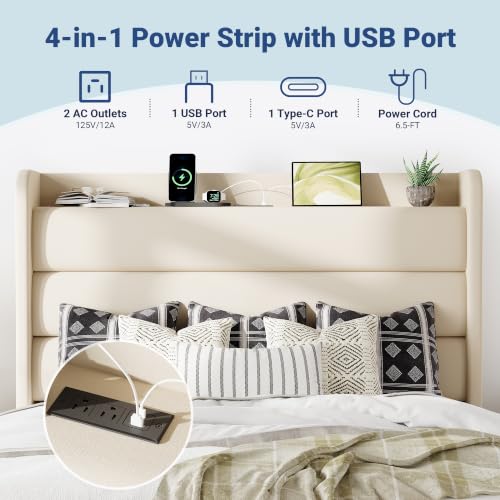 Image of Allewie Full Size Upholstered Bed Frame with Charging Station, Cream