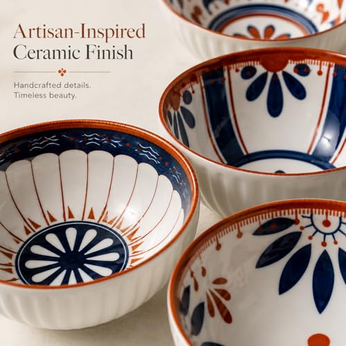 Image of Japanese Ceramic Bowl Set of 6 | 300ML Ribbed Soup & Rice Bowls with Hand-Painted Blue Patterns | Porcelain Bowls for Ramen, Snacks, Desserts & Everyday Dining (Olive & Ocean)