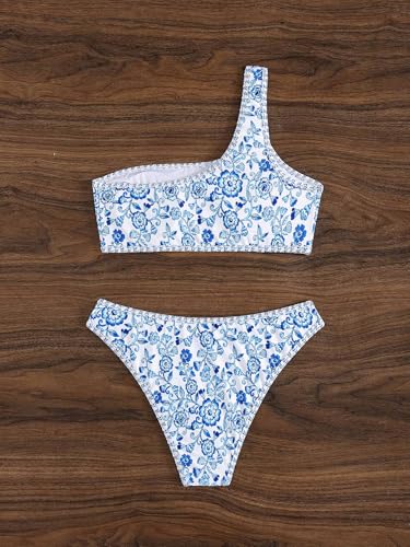 Image of YIMISAN Women's Ribbed Bikini Sets One Shoulder Top with Mid Waist Two Piece Bathing Suit