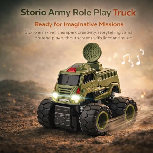 Image of Storio 4WD Monster Military Truck Toy for Kids | Pack of 4 Friction Powered Push & Go Cars | Off-Road Rock Crawler Vehicles for Boys | Durable, Safe & Fun Mini Trucks for Indoor & Outdoor Play