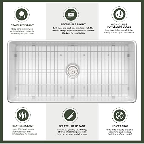 Tuktuk White Farmhouse Sink 36 Inch Fireclay Apron Front Farm Sink Single Bowl Kitchen Sinks Deep Large Capacity Porcelain Ceramic Sink Undermount Luxury Bottom Grid & Strainer Drain Included #TOP3