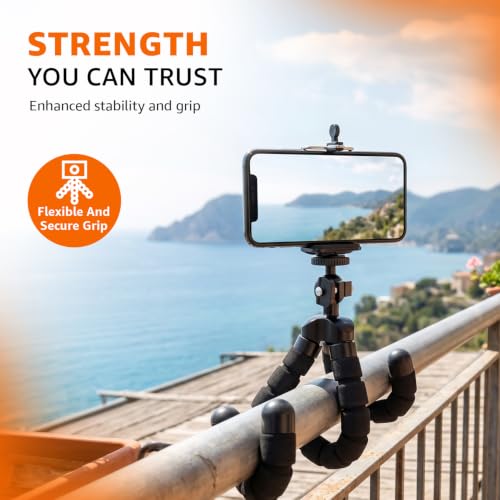 Image of Amazon Basics Flexible Gorillapod Tripod for Cameras & Mobile Phones, Premium Metal Legs with 360 Ball Head & Phone Holder, Max Load 3kg, Portable for Travel, Hiking & Vlogging