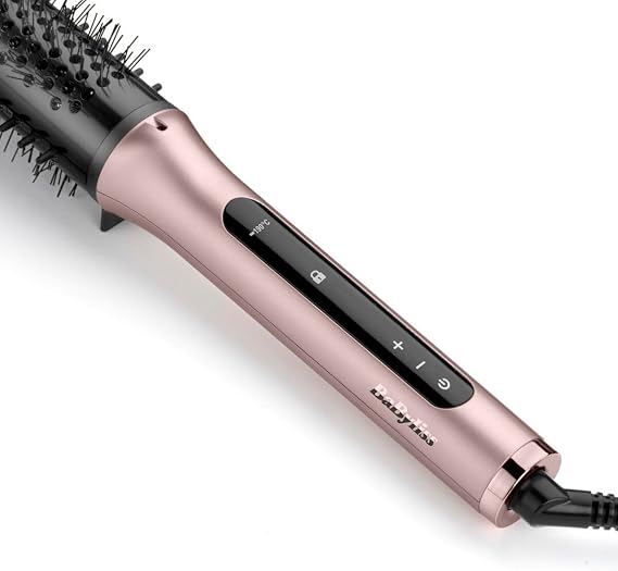 BaByliss Volume Boost Thermal Hot Brush - 38mm Barrel Heated Curling Brush, Ionic Frizz-Control, 4 Heat Settings, Multi-Voltage, Pink/Black, HSB200U