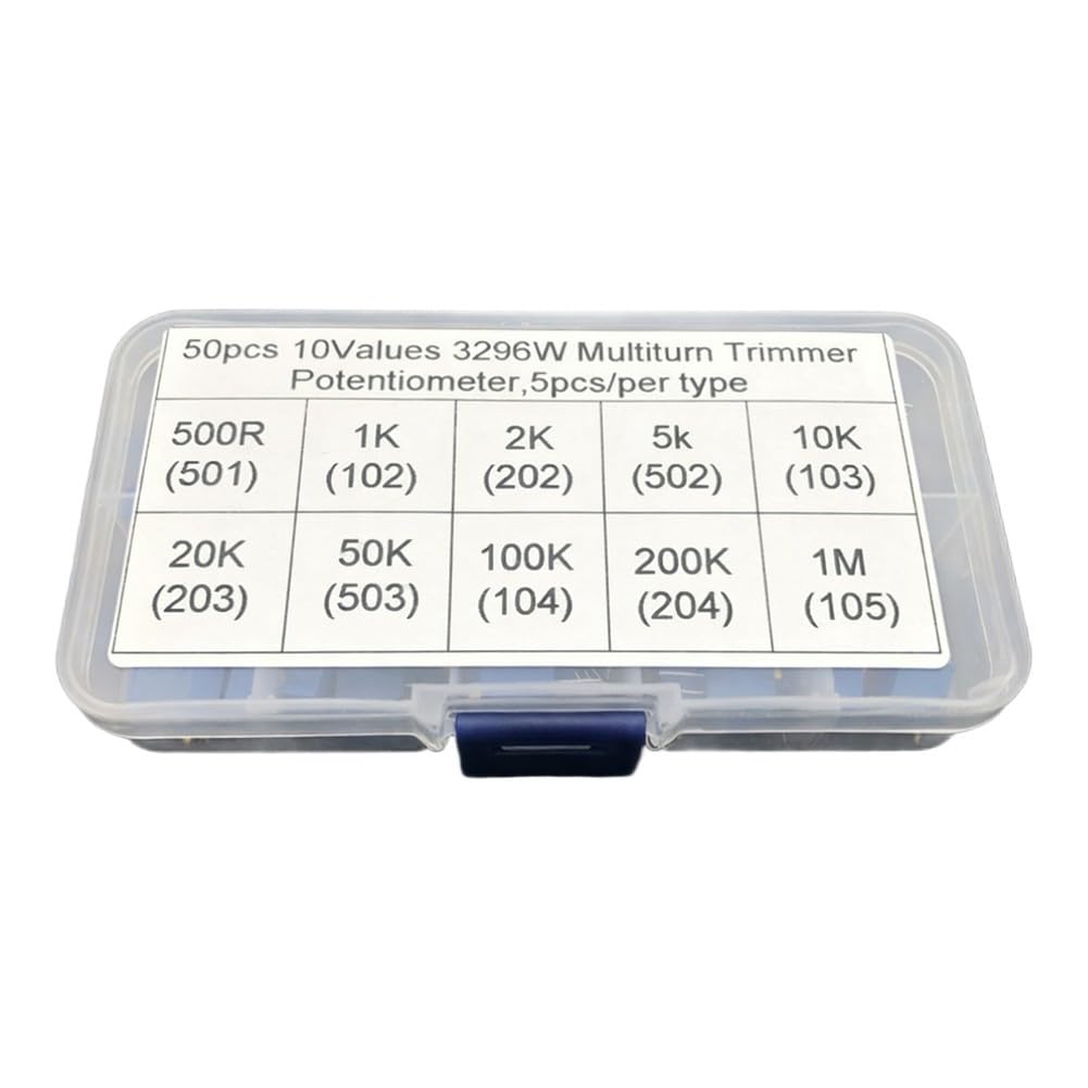 FACAIIO 50pcs 3296W Multiturn Potentiomètre Kit 10 Valeurs Assorties 500°-1M° Résistance Variable, Bleu Trim Pot Set Electronique DIY et Réparation