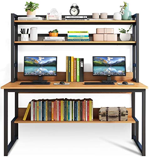 Lovinouse 2 in 1 55 Inch Computer Desk with Hutch, Modern Study Table Writing Desk with Bookshelf, PC Laptop Home Office Table Workstation for Small Spaces