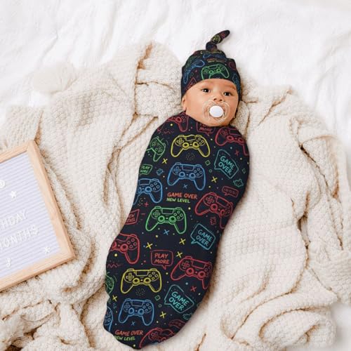 Image of Game Controller Gaming Newborn Baby Swaddle Blanket Baby Stuff,with Beanie hat Sets, Soft Gifts for Unisex Boys Girls Shower Infant
