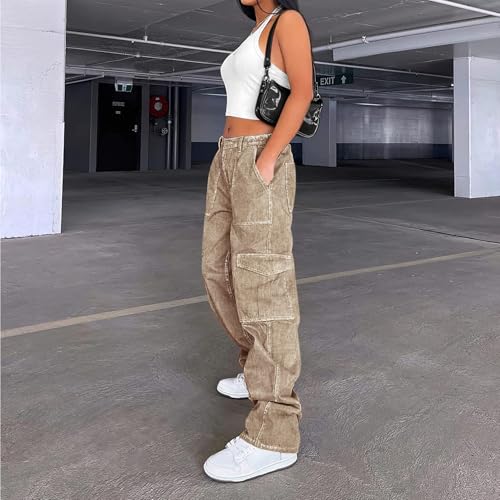 Image of Lepunuo Cargo Pants for Women High Waisted Casual Pants Baggy Stretchy Wide Leg Y2K Streetwear with 6 Pockets