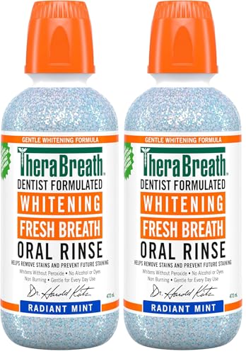 TheraBreath Whitening Oral Rinse, Radiant Mint 473ml - Whitens Teeth, Helps Remove Stains, Alcohol-Free, Non Burning, No Peroxide, No Dyes - Ideal for Daily Oral Care (Pack of 2)