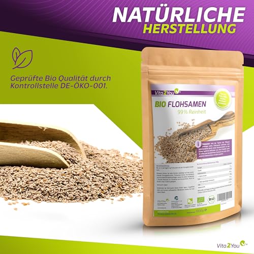 Vita2You BIO Flohsamen 99% Reinheit - 1000g Zippbeutel - Höchste Reinheit - 1kg indische Flohsamen - Premium Qualität