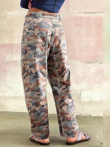 Flamingals Wide Leg Mid Waist Causal Baggy Barrel Jeans for Women Drawstring Eyelet Waist Denim Pants4