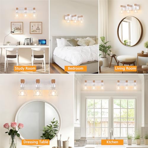 Image of FadimiKoo 3-Light Farmhouse White Bathroom Vanity Light Fixtures, Rustic Wood Vanity Lights for Bathroom, Modern Bath Sconces Wall Lighting with Elegant Metal Shade for Mirror, Living Room, Bedroom