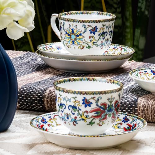 Image of GOLDEN QUEEN'S Cup & Saucer Set | Perfect for Hosting & for Tea /Coffee Lovers | Handcrafted in India, Inspired by Florals & 24-Carat Gold Rim | 6 Cups & 6 Saucers |170 ml (Himalyan Flora)